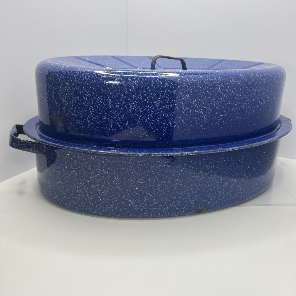 Antique Blue Speckled Enamelware Roasting Pan High Dome Lid Deep Form Farmhouse